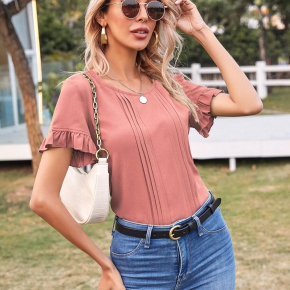 boho ruffle sleeve pleated short sleeve top - Picture 3 of 8